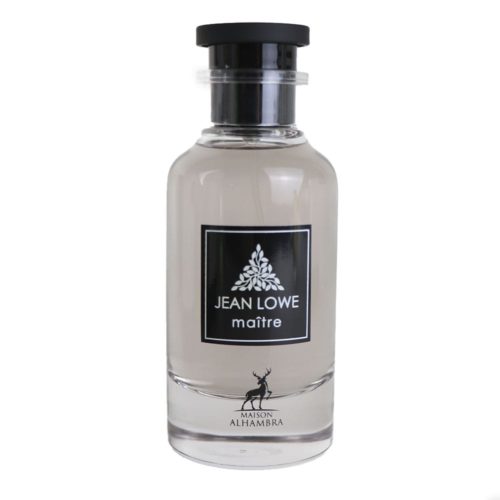 Primer plano del frasco de Jean Lowe Matiere Eau de Parfum 100ml de Maison Alhambra, con un envase de vidrio transparente y tapa negra.