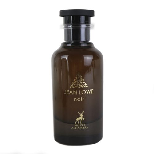 Jean Lowe Noir de Maison Alhambra, una elegante botella de vidrio marrón oscuro con letras doradas y un tapón negro.