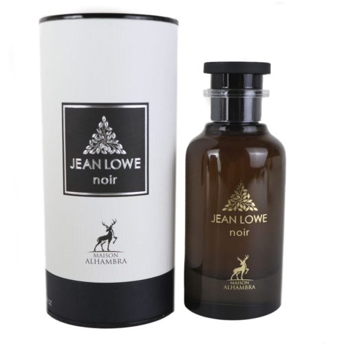 Jean Lowe Noir de Maison Alhambra, presentando la botella y el empaque juntos, destacando una estética lujosa.