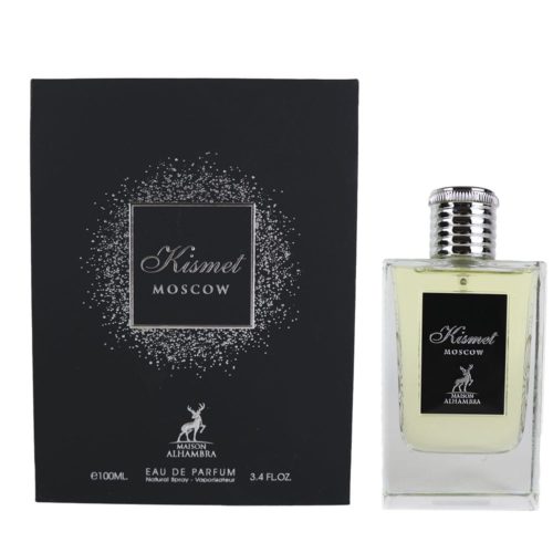 Frasco de Kismet Moscow Eau de Parfum junto a su empaque. La lujosa caja negra con detalles plateados complementa el diseño sofisticado de la fragancia.