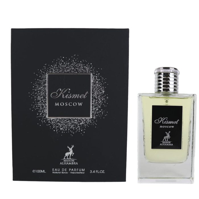 Frasco de Kismet Moscow Eau de Parfum junto a su empaque. La lujosa caja negra con detalles plateados complementa el diseño sofisticado de la fragancia.