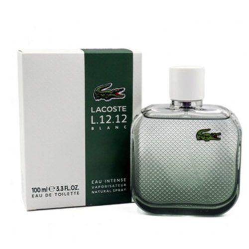 Perfume Lacoste L.12.12 Blanc Eau Intense de 100 ml con caja blanca y verde, mostrando el logotipo del cocodrilo de Lacoste.