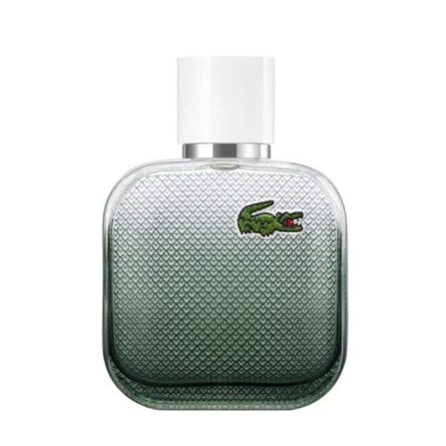 Botella de perfume Lacoste L.12.12 Blanc Eau Intense de 100 ml, con diseño de textura en vidrio verde degradado y tapa blanca.