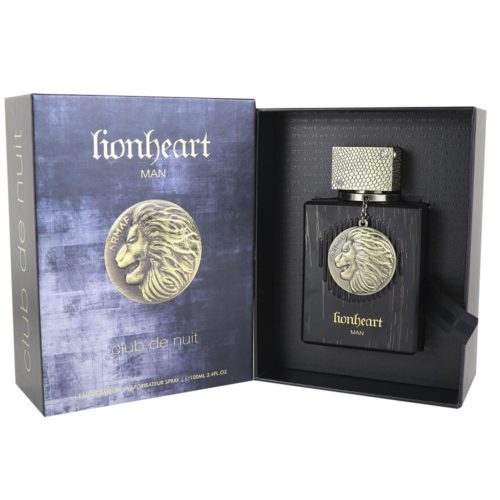 Caja abierta del perfume "LionHeart Man" de Armaf, mostrando la botella con un emblema de león y tapa dorada texturizada.