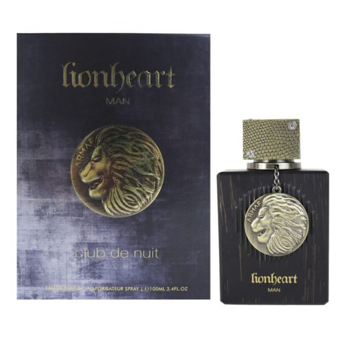 Botella y caja del perfume "LionHeart Man" de Armaf exhibidas juntas, destacando el diseño elegante con motivos de león y detalles dorados.