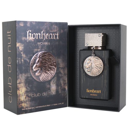 Caja abierta de Lionheart Woman Eau de Parfum de Armaf, mostrando un frasco negro con un emblema de león metálico y una tapa plateada texturizada.