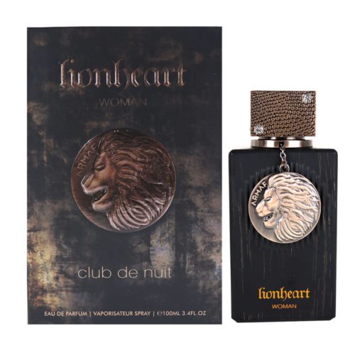 Caja y frasco de Lionheart Woman Eau de Parfum de Armaf, destacando el diseño cohesivo en negro y bronce con un emblema de león.