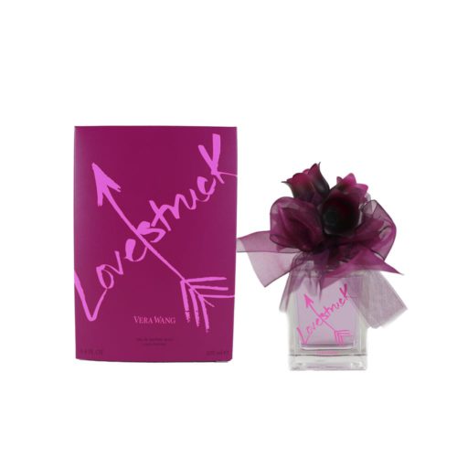 Lovestruck Eau de Parfum 100ml de Vera Wang, con una caja rosa intenso con logo estilo manuscrito y un frasco decorado con flores.