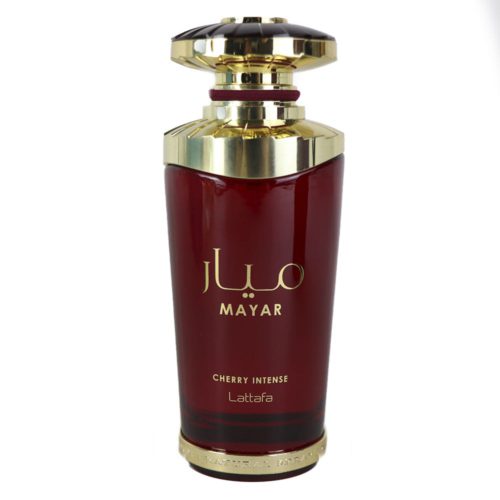 Primer plano de la botella de perfume Mayar Cherry Intense de Lattafa, con vidrio rojo intenso y detalles dorados.
