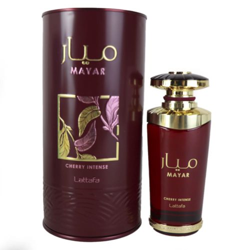 Mayar Cherry Intense EDP de Lattafa - El elegante frasco de perfume con detalles dorados se coloca junto a su estuche cilíndrico a juego, resaltando su diseño lujoso.