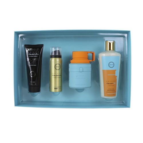 Set de regalo Odyssey Mandarin Sky de Armaf abierto, con un frasco de perfume, body spray, gel de ducha y champú en una caja azul.