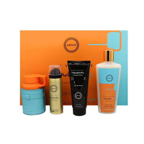 Set de regalo Odyssey Mandarin Sky de Armaf que incluye Eau de Parfum 100 ml, body spray 50 ml, gel de ducha 100 ml y shampoo 250 ml, presentado en una caja vibrante en tonos naranja y turquesa.