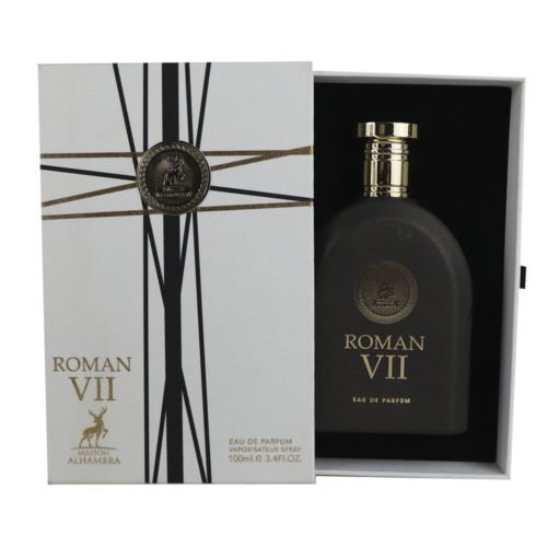 Roman VII Eau de Parfum de Maison Alhambra presentado con su caja. El frasco negro está dentro de la caja blanca con detalles dorados.