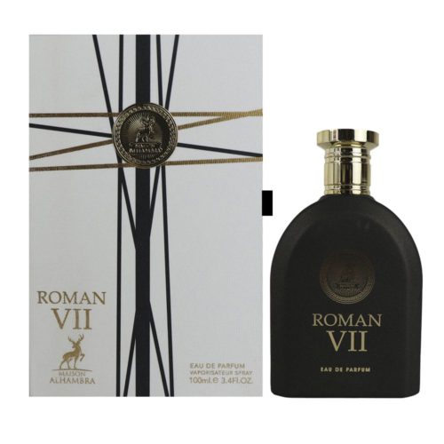 Roman VII Eau de Parfum de Maison Alhambra junto con su elegante empaque blanco y dorado, presentado sobre un fondo simple.
