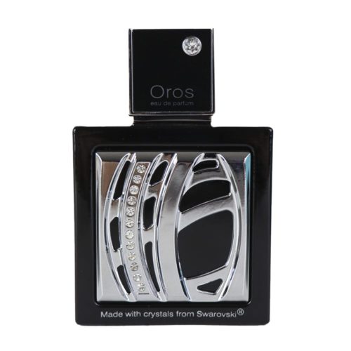 Oros Eau de Parfum para Hombre de Armaf. Vista detallada del frasco de perfume que muestra su elegante diseño plateado con cristales de Swarovski.