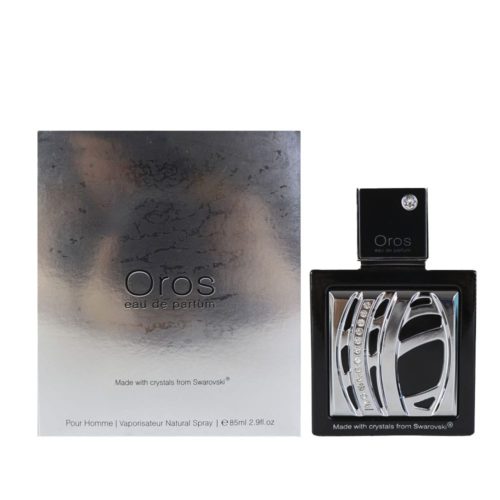 Oros Eau de Parfum para Hombre de Armaf. El frasco de la fragancia con detalles plateados intrincados y cristales de Swarovski junto a su caja.