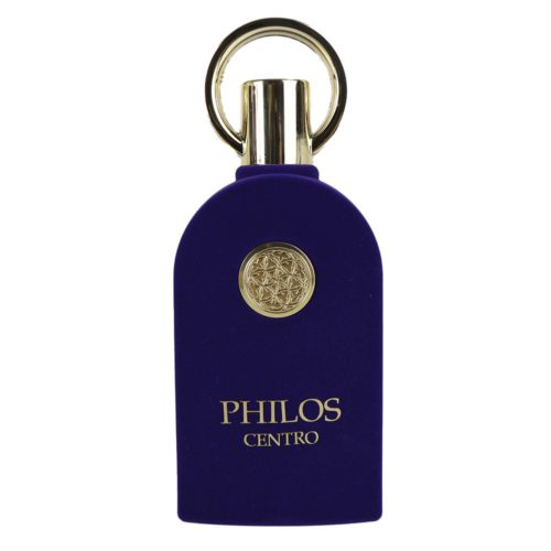 Botella de perfume Philos Centro EDP 100ml de Maison Alhambra, con un diseño exclusivo en terciopelo azul y detalles dorados.