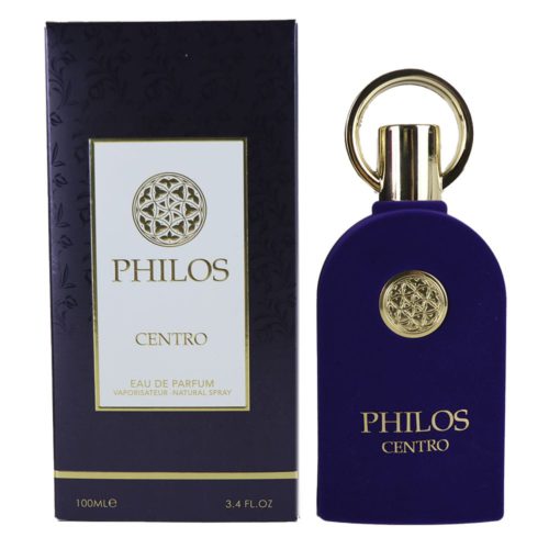 Philos Centro EDP 100ml de Maison Alhambra, mostrando la botella y su empaque con un elegante diseño en negro y dorado.