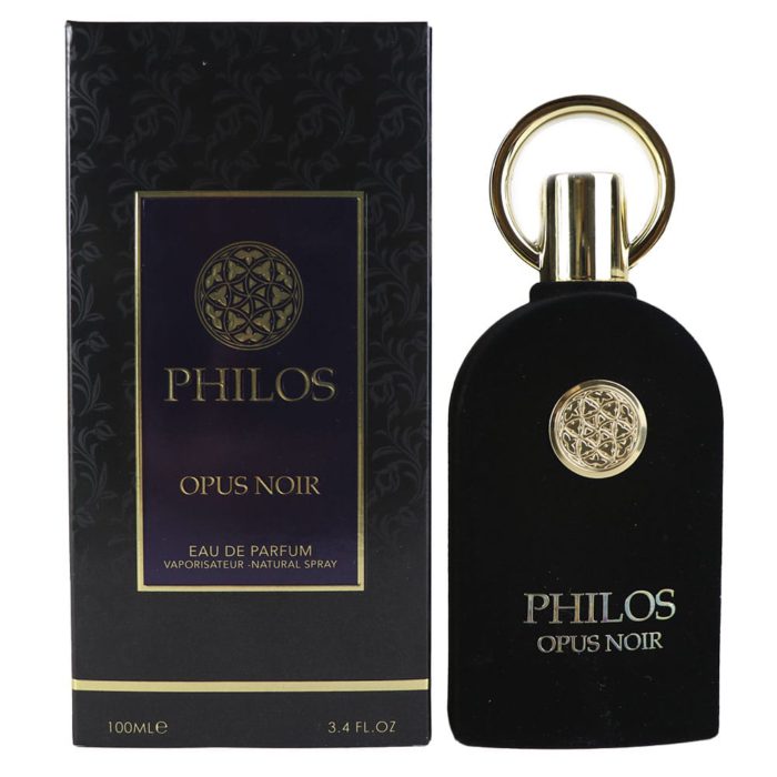 Un set completo de Philos Opus Noir, con el frasco de perfume junto a su empaque negro y dorado a juego.