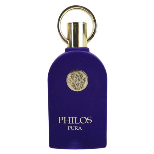 Botella de Philos Pura Eau de Parfum, con un diseño de textura aterciopelada en azul oscuro y detalles dorados, con un tapón de asa redonda.