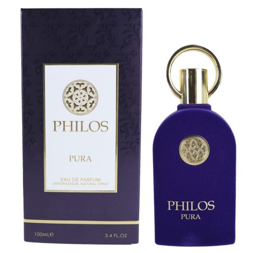 Empaque de Philos Pura Eau de Parfum junto con la botella, mostrando un diseño elegante en tonos morados y dorados con acabado aterciopelado.