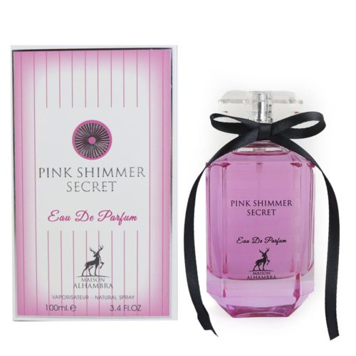 Exhibición lado a lado del frasco de perfume Pink Shimmer Secret de Maison Alhambra y su caja a juego con rayas rosas y blancas.