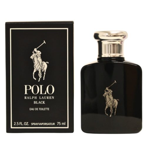 Eau de Toilette Polo Black de Ralph Lauren, 2.5 fl oz (75 ml). La botella de perfume negra tiene una tapa plateada y presenta el icónico logo del jugador de polo en blanco. El empaque es negro con texto blanco y una ilustración del jugador de polo a juego, ofreciendo un diseño elegante y sofisticado.