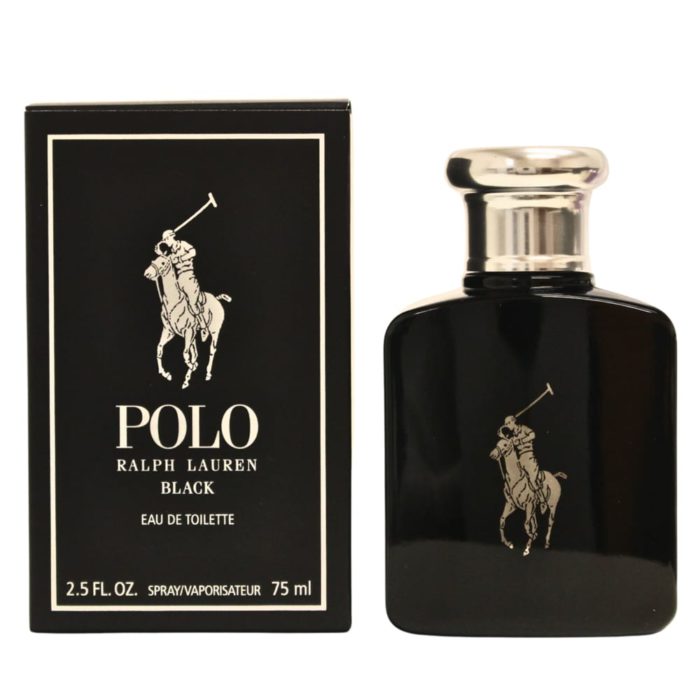 Eau de Toilette Polo Black de Ralph Lauren, 2.5 fl oz (75 ml). La botella de perfume negra tiene una tapa plateada y presenta el icónico logo del jugador de polo en blanco. El empaque es negro con texto blanco y una ilustración del jugador de polo a juego, ofreciendo un diseño elegante y sofisticado.