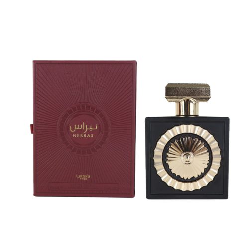 Pride Nebras Eau de Parfum 100ml de Lattafa. El frasco de perfume con un elegante diseño en negro y dorado junto a su lujoso empaque rojo.
