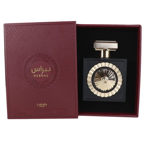 Pride Nebras Eau de Parfum 100ml de Lattafa dentro de su empaque premium en rojo y dorado.