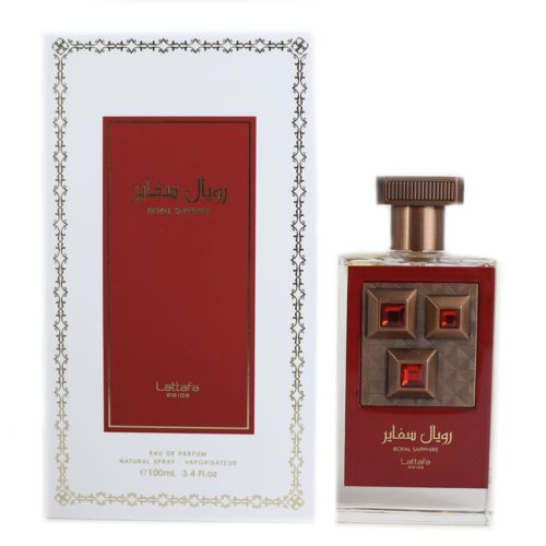 Frasco de perfume Pride Royal Sapphire EDP 100 ml Unisex by Lattafa y caja de empaque con diseño en blanco y rojo con detalles en dorado.