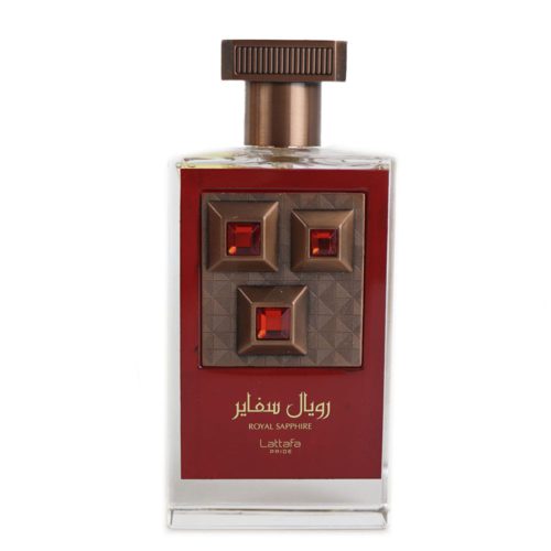 Primer plano del frasco de Pride Royal Sapphire EDP 100 ml Unisex by Lattafa, con decoraciones cuadradas intrincadas y detalles de piedras rojas.