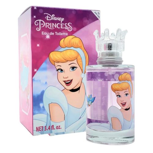 Eau de Toilette Disney Princesa Cenicienta para niñas, 3.4 fl oz (100 ml). La botella transparente muestra una imagen de Cenicienta con un pequeño pájaro y tiene una tapa en forma de corona. El empaque es rosa y morado con la ilustración de Cenicienta.