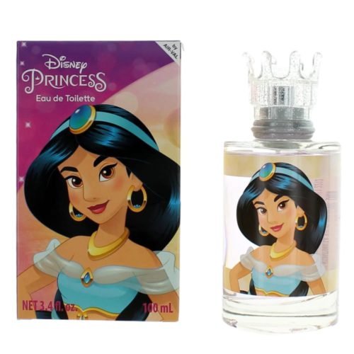 Eau de Toilette Disney Princesa Jasmine para niñas, 3.4 fl oz (100 ml). La botella transparente muestra una imagen de la Princesa Jasmine y tiene una tapa en forma de corona. El empaque es rosa y dorado con una ilustración de Jasmine en su atuendo característico
