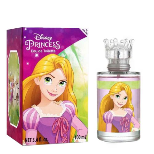 Disney Princesa Rapunzel Eau de Toilette 100ml. El empaque tiene un fondo de rayas en rosa pastel y blanco con diseños de corazones y llaves, junto con una gran ilustración de Rapunzel con su largo cabello dorado. La botella de perfume redonda y transparente tiene una tapa en forma de corona rosa y muestra una imagen de Rapunzel con un vestido lila enmarcada por un borde decorativo rosa.arcada por un borde decorativo rosa.