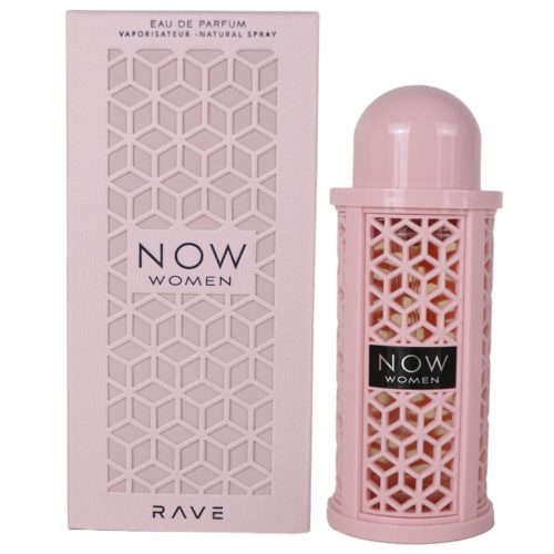 Eau de Parfum Rave Now Women, 3.4 fl oz (100 ml). La botella de perfume está dentro de un estuche rosa con patrón de celosía y una tapa en forma de domo. El empaque combina con un diseño geométrico recortado y el nombre del producto en texto negro.