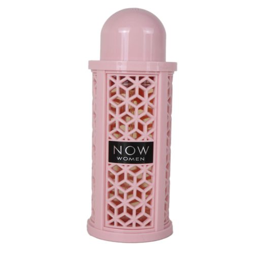 Botella de Eau de Parfum Rave Now Women, 3.4 fl oz (100 ml). El perfume está contenido en un estuche rosa con diseño de celosía, permitiendo ver la botella de vidrio en su interior. La tapa en forma de domo complementa la estructura elegante.