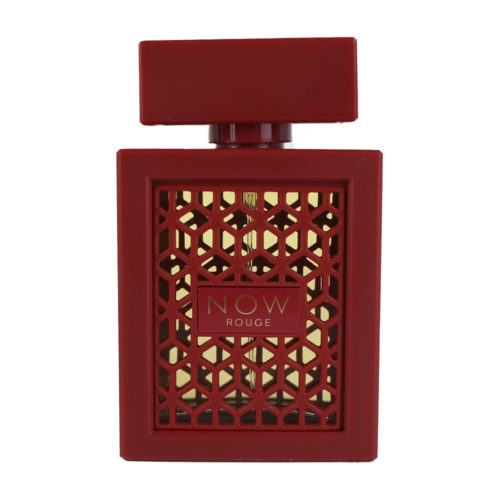 Botella de Rave Now Rouge Eau de Parfum 100 ml para mujeres, con un diseño rojo de celosía y detalles dorados.