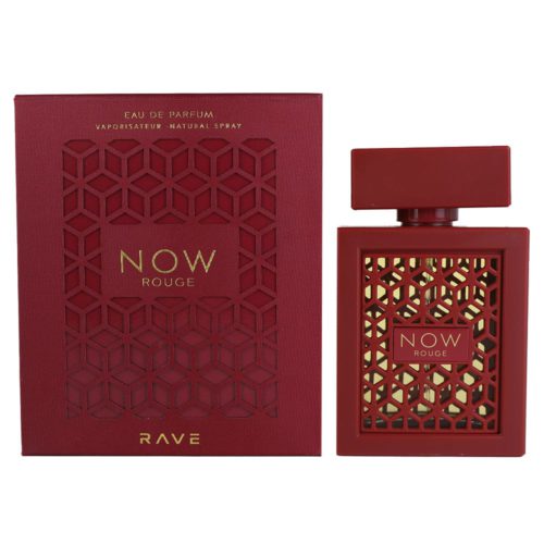 Botella y empaque de Rave Now Rouge Eau de Parfum 100 ml. La caja roja tiene un patrón geométrico recortado con texto dorado.