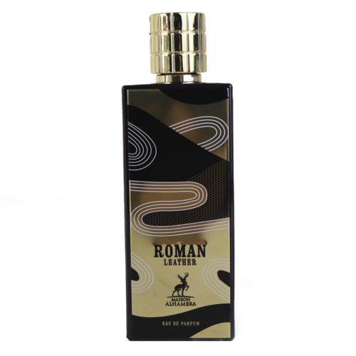 El frasco del perfume "Roman Leather" con un diseño moderno en dorado y negro, con patrones curvos y tapa metálica.