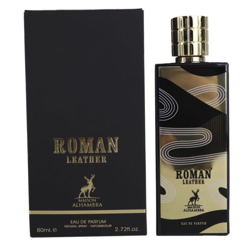 El frasco del perfume "Roman Leather" presentado junto a su elegante caja negra y dorada, mostrando un diseño sofisticado.