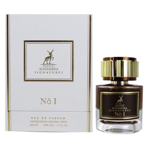 Un frasco de perfume junto a su empaque blanco y dorado, etiquetado "Maison Alhambra Signatures No 1," mostrando un diseño elegante y minimalista.