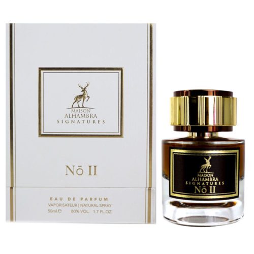 El frasco de perfume "Maison Alhambra Signatures No II" presentado junto a su caja blanca y dorada, mostrando su marca refinada.