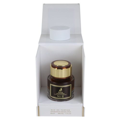 El frasco de perfume "Maison Alhambra Signatures No II" dentro de su caja blanca abierta, reflejando un empaque de alta calidad.