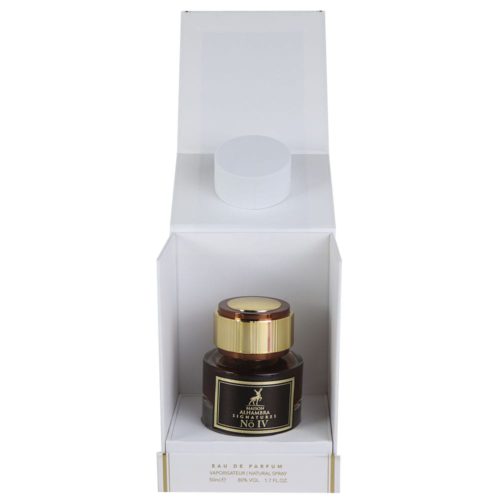 Un frasco de perfume lujoso con tapa dorada dentro de una caja blanca abierta, mostrando su empaque elegante y diseño premium.