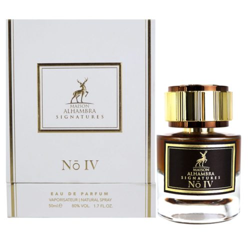 El frasco de perfume y su caja blanca y dorada presentados uno al lado del otro, destacando la marca "Maison Alhambra Signatures No IV".