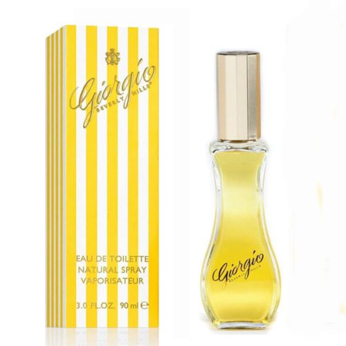 Eau de Toilette Giorgio Beverly Hills, 3.0 fl oz (90 ml). La botella de perfume tiene un diseño elegante y curvado de vidrio transparente con líquido amarillo dorado en su interior y una tapa dorada. El empaque presenta franjas verticales amarillas y blancas con el logo de Giorgio Beverly Hills en letras doradas.