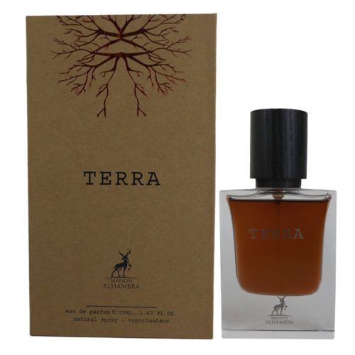 El frasco de perfume "Terra" presentado junto a su caja marrón natural, creando una presentación terrenal y sofisticada.