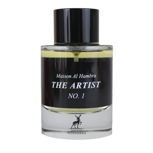 Primer plano del frasco de The Artist No. 1 de Maison Alhambra, mostrando su elegante diseño negro y transparente con logotipo.