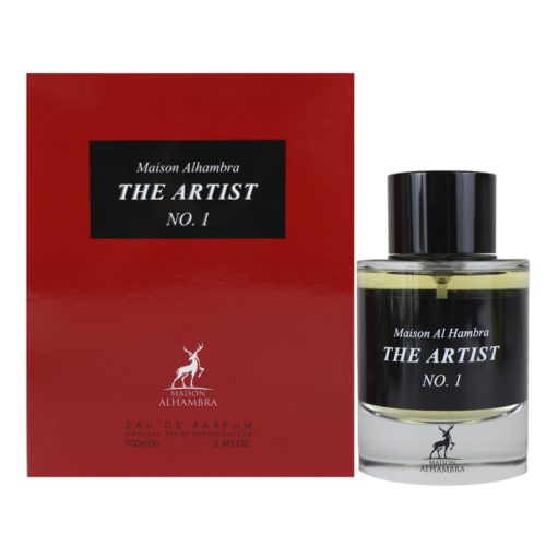 The Artist No. 1 Eau de Parfum de Maison Alhambra, con un frasco transparente de 100ml, tapa negra y una caja roja.